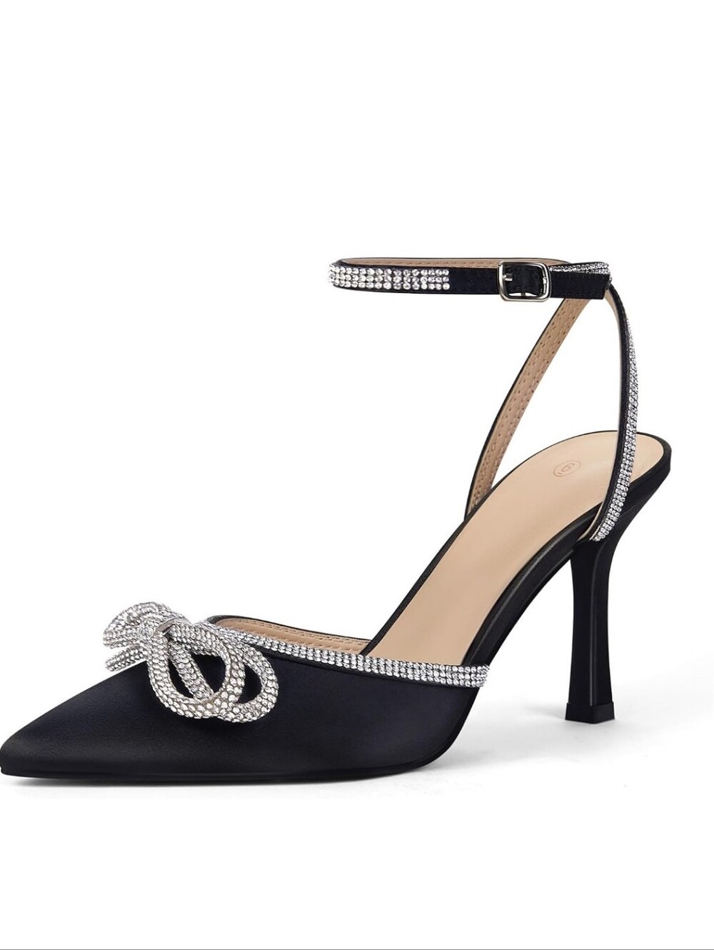 Woman's Rhinestone Double Bow Pointed Toe Ankle Strap Heels
